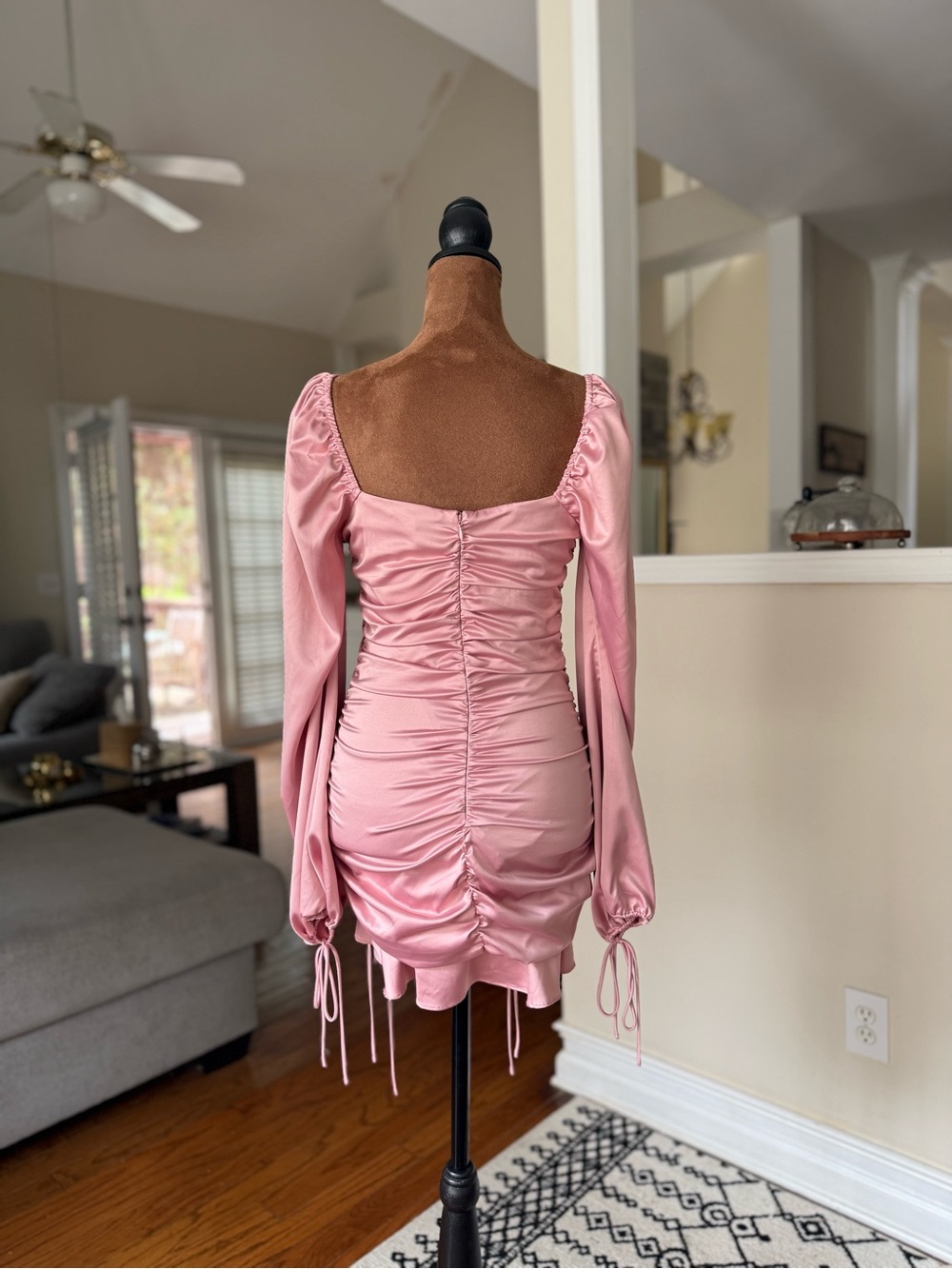 Rose Pink Satin Ruched Mini Dress with Long Sleeves - Picture 5 of 8